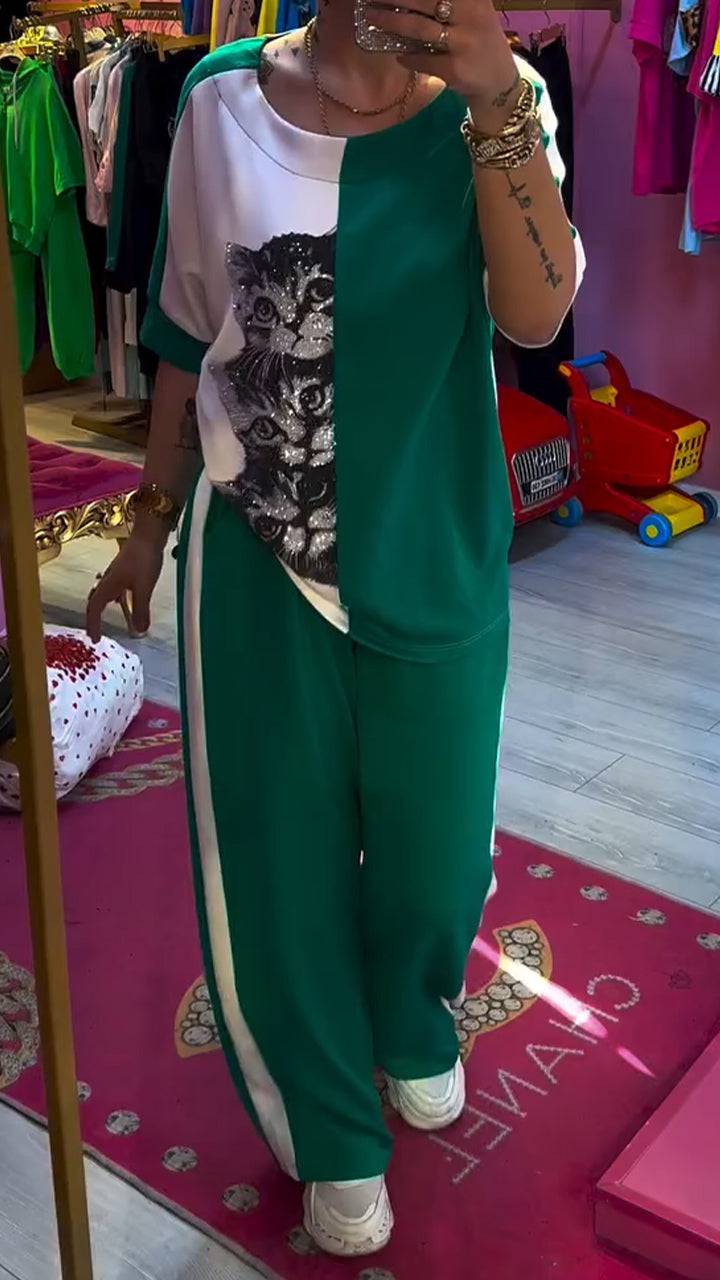 Ladies' Round Neck Contrasting Hot Stamping Printed Top+ Pants Casual Set - MATCHING MASTER