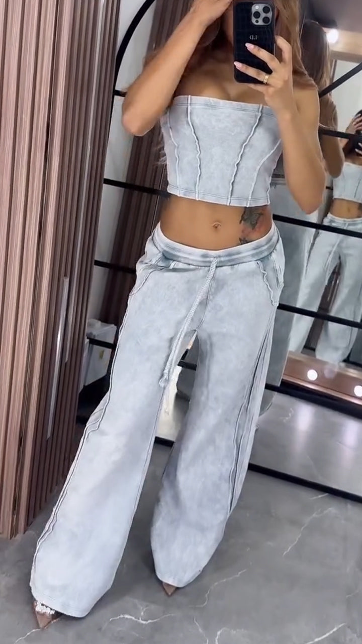 Ladies' Strapless Patchwork Top + Pants Casual Set