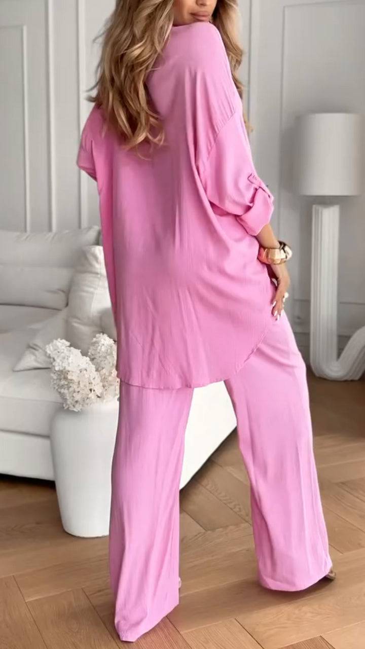 Ladies' Collar Solid Color Loose Casual Suit - MATCHING MASTER