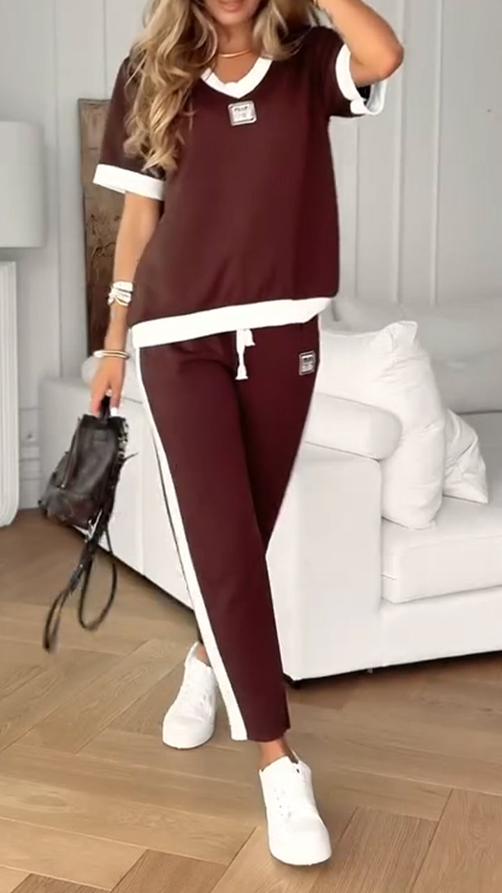 Ladies' V-neck Patchwork Top+ Pants Casual Suit