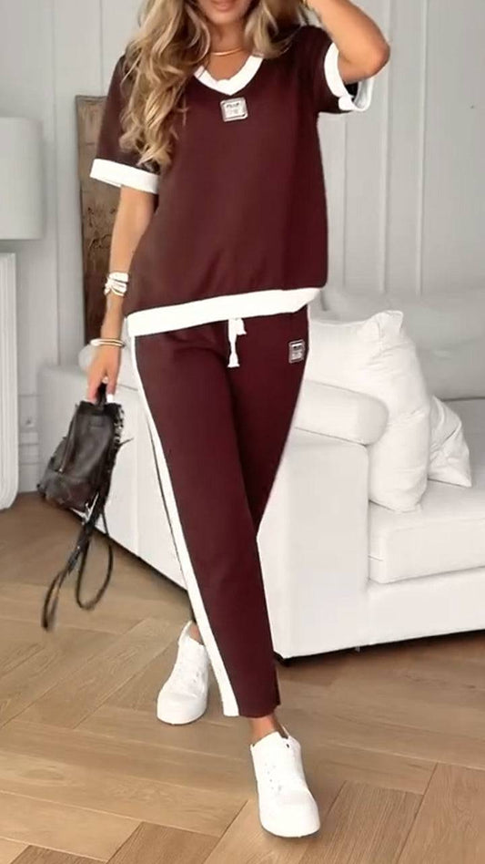 Ladies' V-neck Patchwork Top+ Pants Casual Suit - MATCHING MASTER