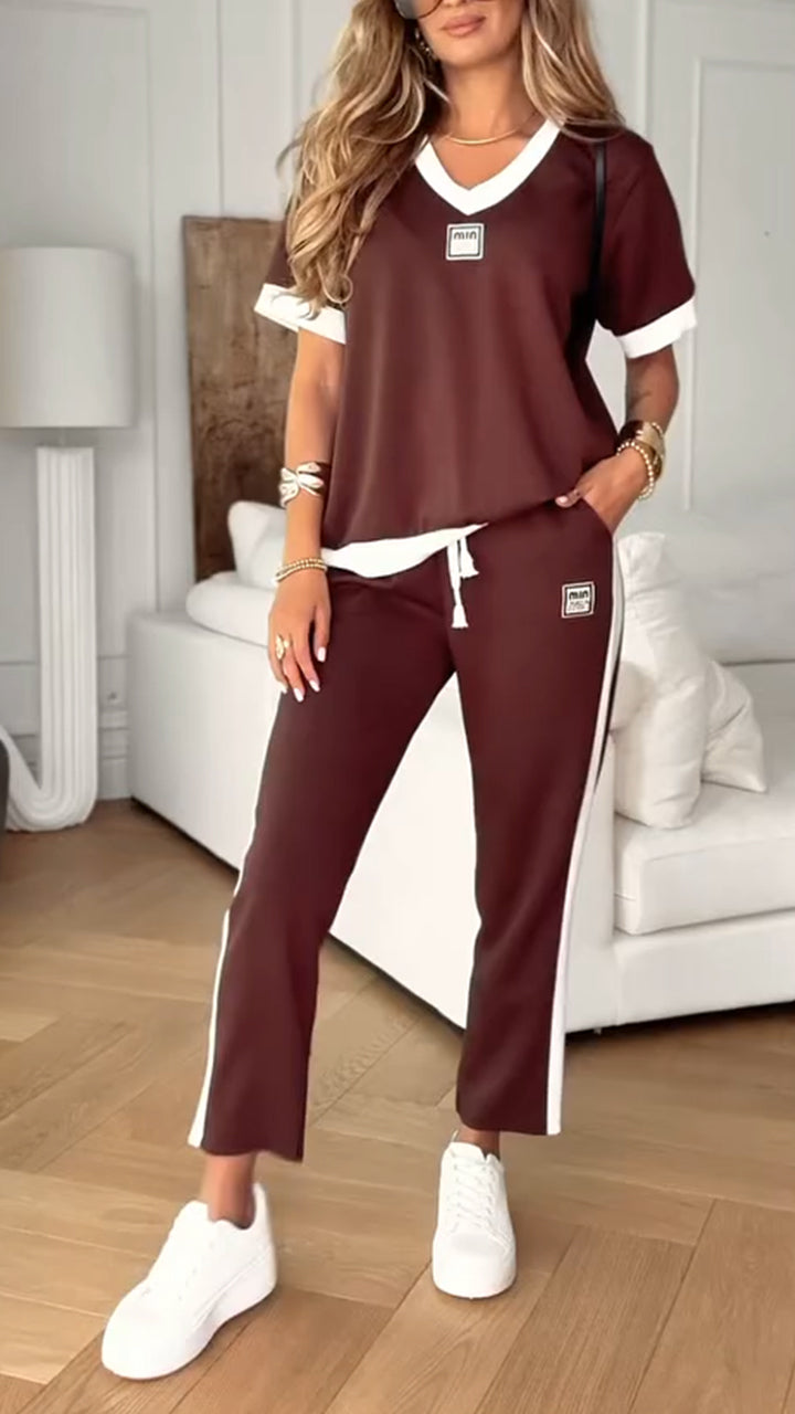 Ladies' V-neck Patchwork Top+ Pants Casual Suit