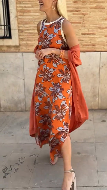 Ladies' Round Neck Printed Dress+ Cloak Casual Temperament Set