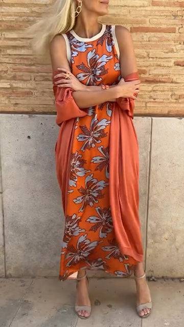 Ladies' Round Neck Printed Dress+ Cloak Casual Temperament Set - MATCHING MASTER