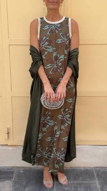Ladies' Round Neck Printed Dress+ Cloak Casual Temperament Set - MATCHING MASTER