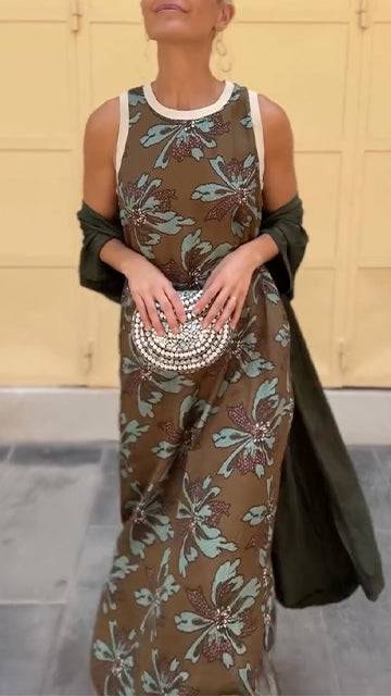 Ladies' Round Neck Printed Dress+ Cloak Casual Temperament Set - MATCHING MASTER