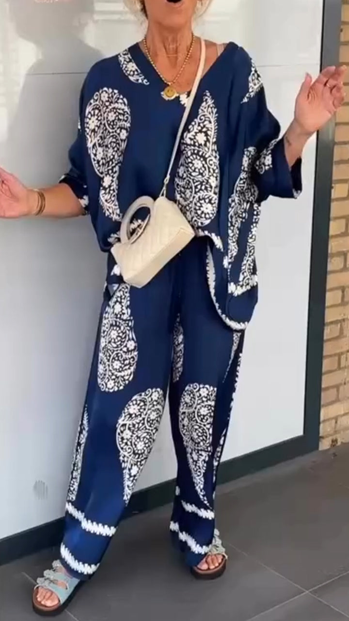 Women's V-neck Printed Top + Pants Loose Casual Suit