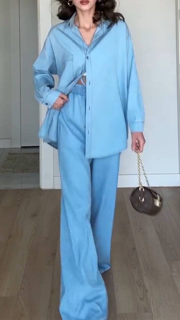 Ladies' Collar Solid Color Top+ Pants with A Casual Temperament Suit - MATCHING MASTER