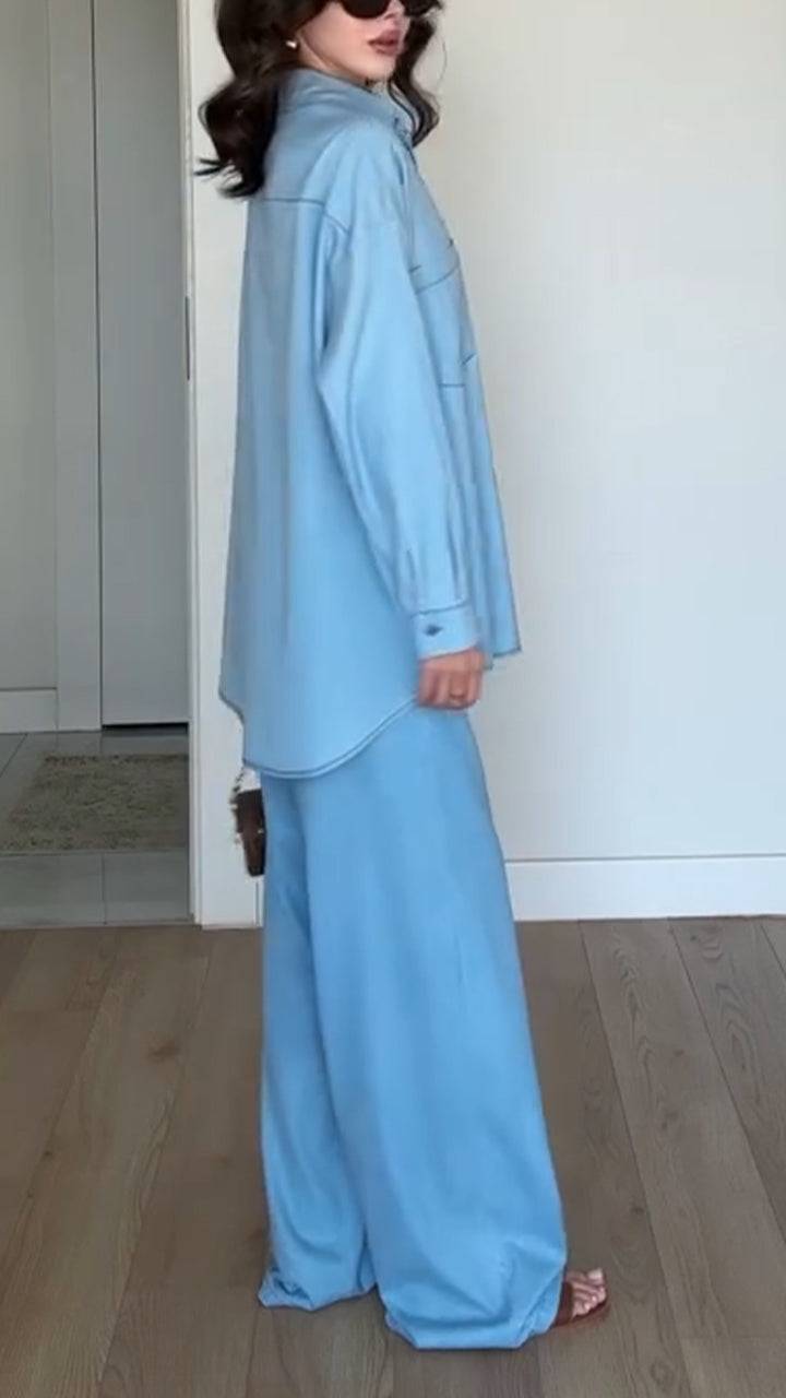 Ladies' Collar Solid Color Top+ Pants with A Casual Temperament Suit - MATCHING MASTER