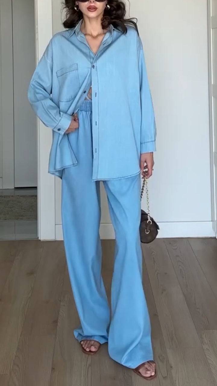 Ladies' Collar Solid Color Top+ Pants with A Casual Temperament Suit - MATCHING MASTER