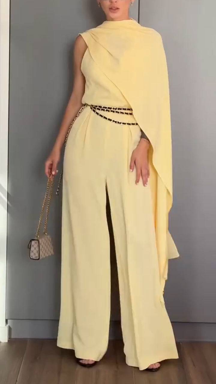 Ladies' Hanging Neck Solid Color Jumpsuit+ Shawl Casual Temperament Suit - MATCHING MASTER