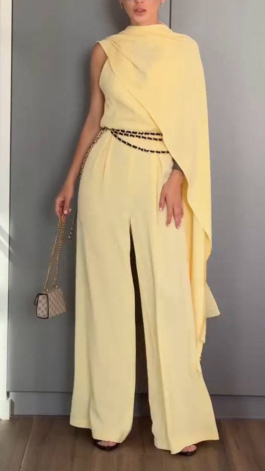 Ladies' Hanging Neck Solid Color Jumpsuit+ Shawl Casual Temperament Suit - MATCHING MASTER