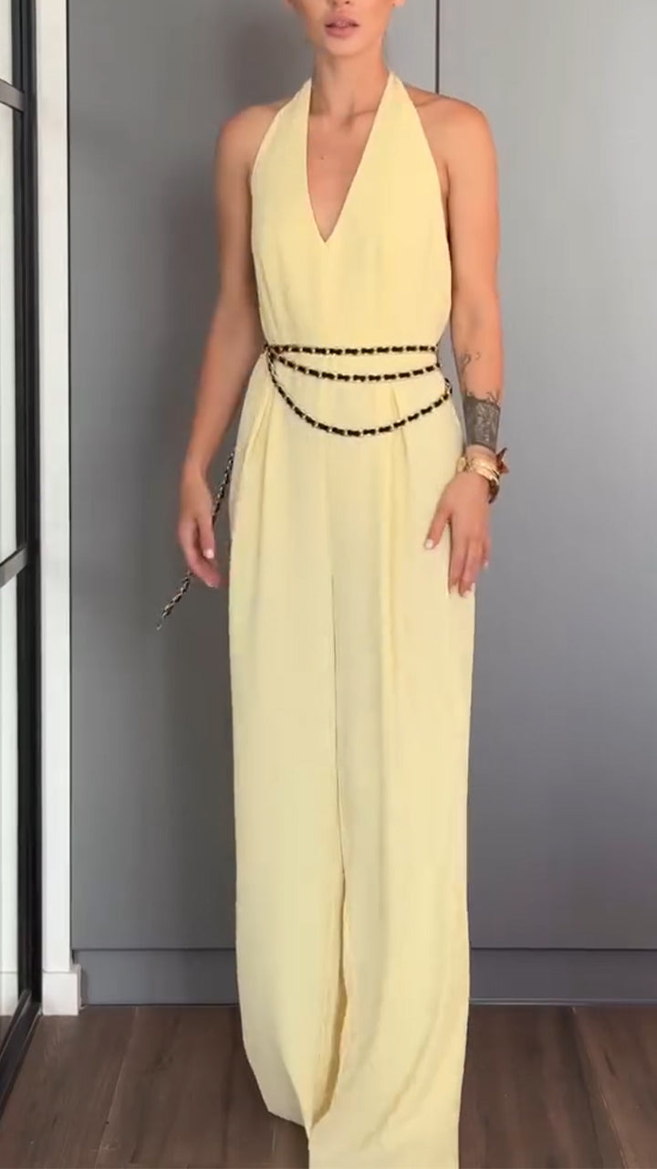 Ladies' Hanging Neck Solid Color Jumpsuit+ Shawl Casual Temperament Suit