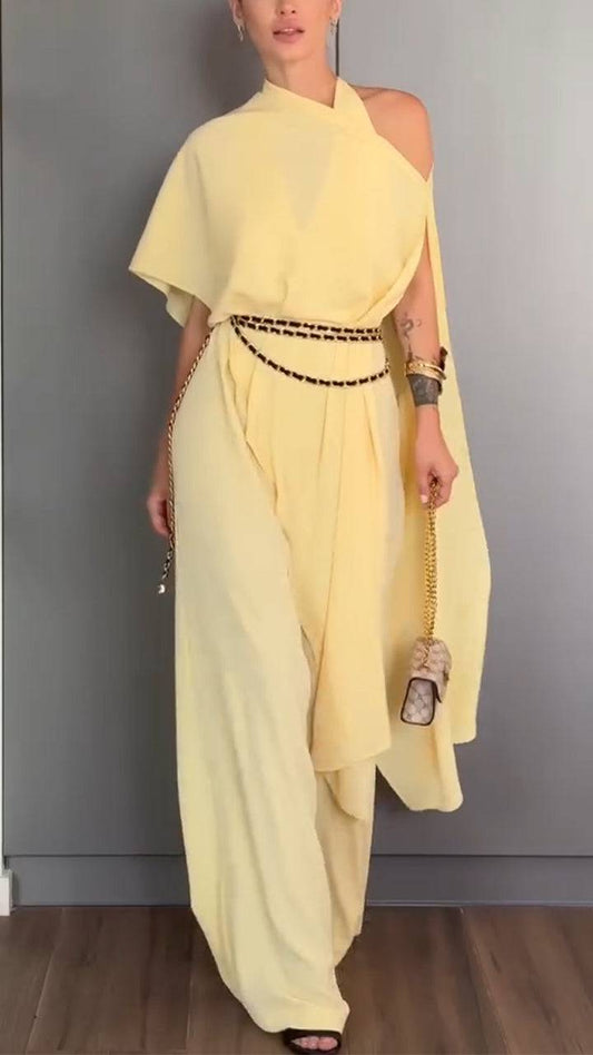 Ladies' Hanging Neck Solid Color Jumpsuit+ Shawl Casual Temperament Suit - MATCHING MASTER