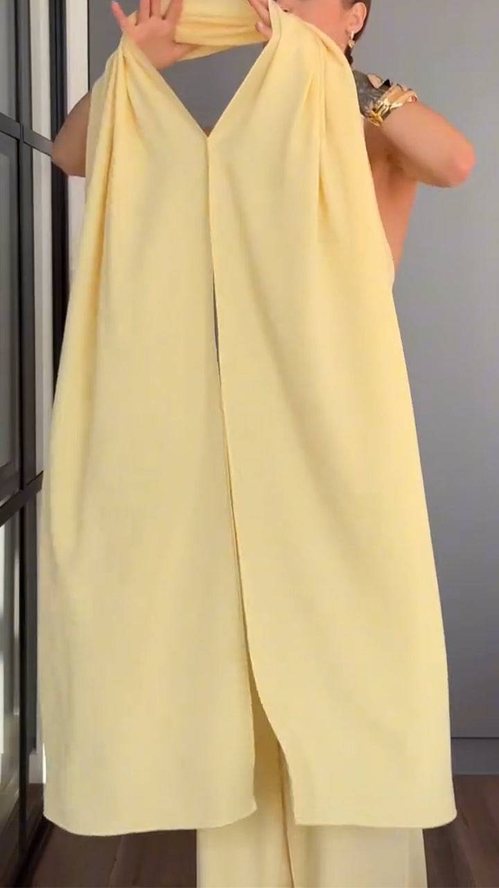 Ladies' Hanging Neck Solid Color Jumpsuit+ Shawl Casual Temperament Suit - MATCHING MASTER