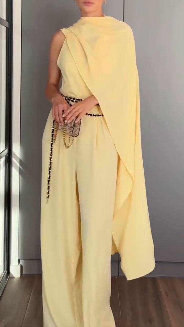 Ladies' Hanging Neck Solid Color Jumpsuit+ Shawl Casual Temperament Suit - MATCHING MASTER