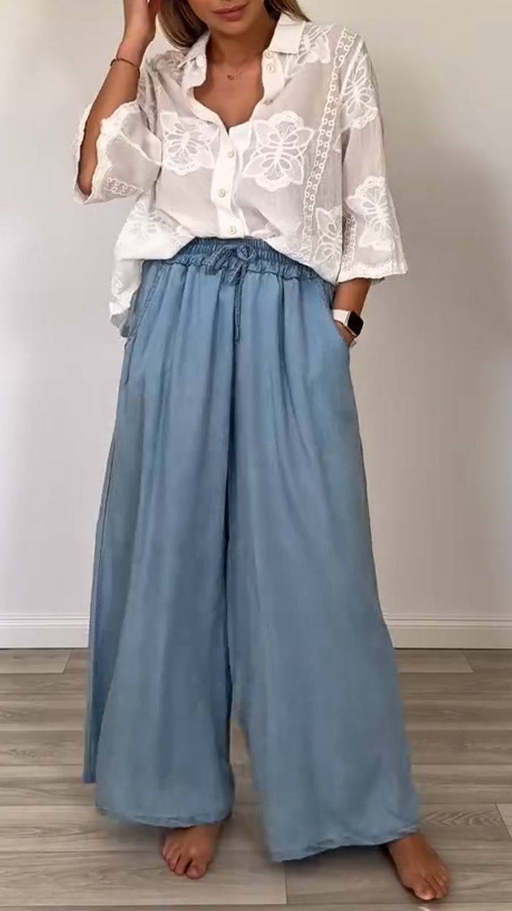 Ladies' Collar Printed Top + Pants Casual Set - MATCHING MASTER