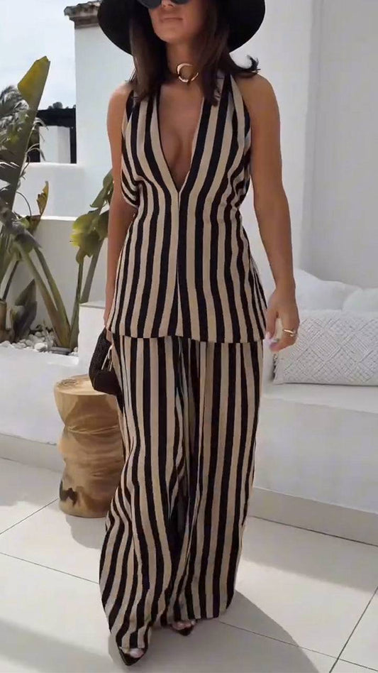 Women's V-neck Vertical Stripe Hanging Neck Top+ Pants Casual Suit - MATCHING MASTER