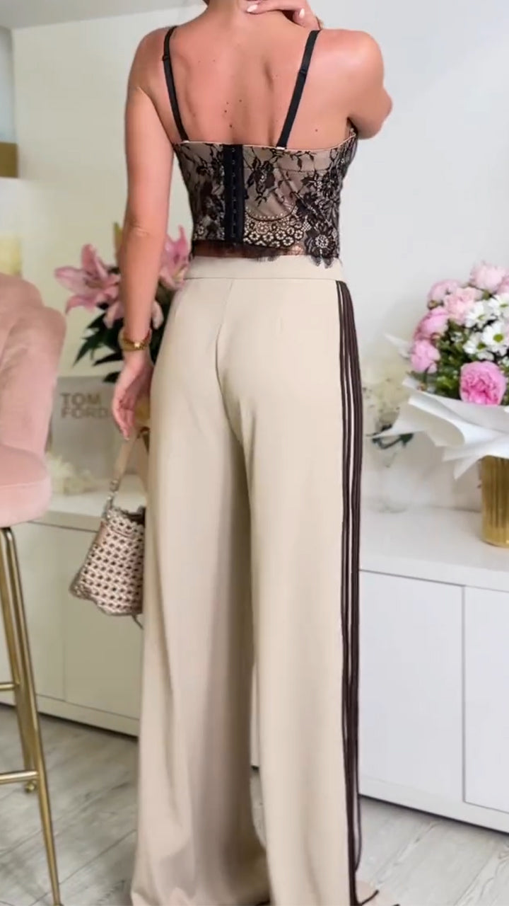 Ladies' Suspender Printed Top+ Spliced Vertical Striped Pants Casual Set