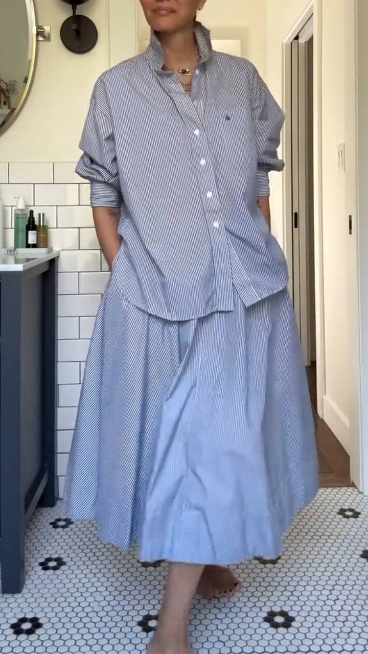 Ladies' Collar Vertical Striped Shirt+ Skirt Casual Set - MATCHING MASTER