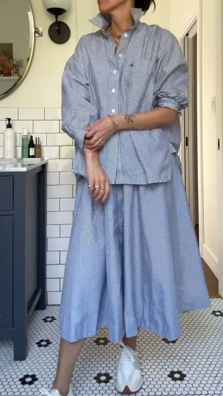 Ladies' Collar Vertical Striped Shirt+ Skirt Casual Set - MATCHING MASTER