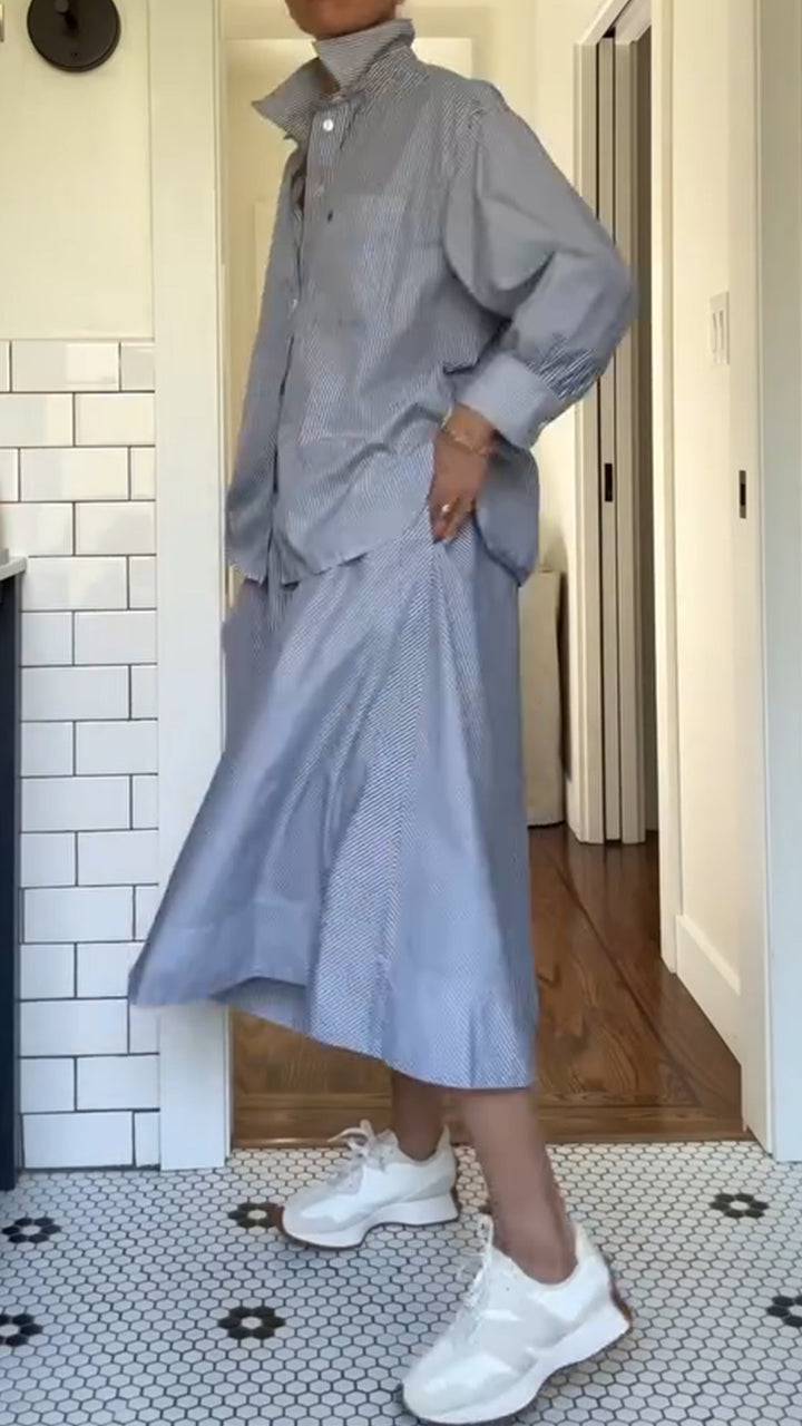 Ladies' Collar Vertical Striped Shirt+ Skirt Casual Set - MATCHING MASTER