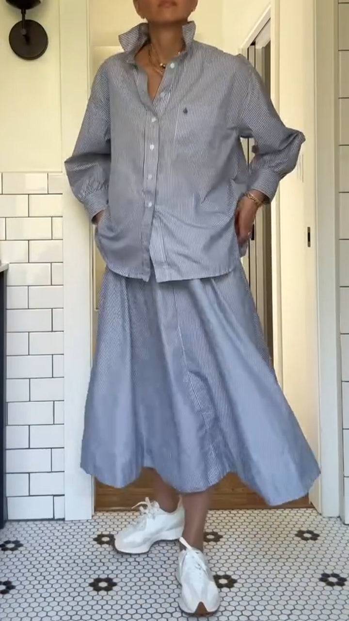 Ladies' Collar Vertical Striped Shirt+ Skirt Casual Set - MATCHING MASTER