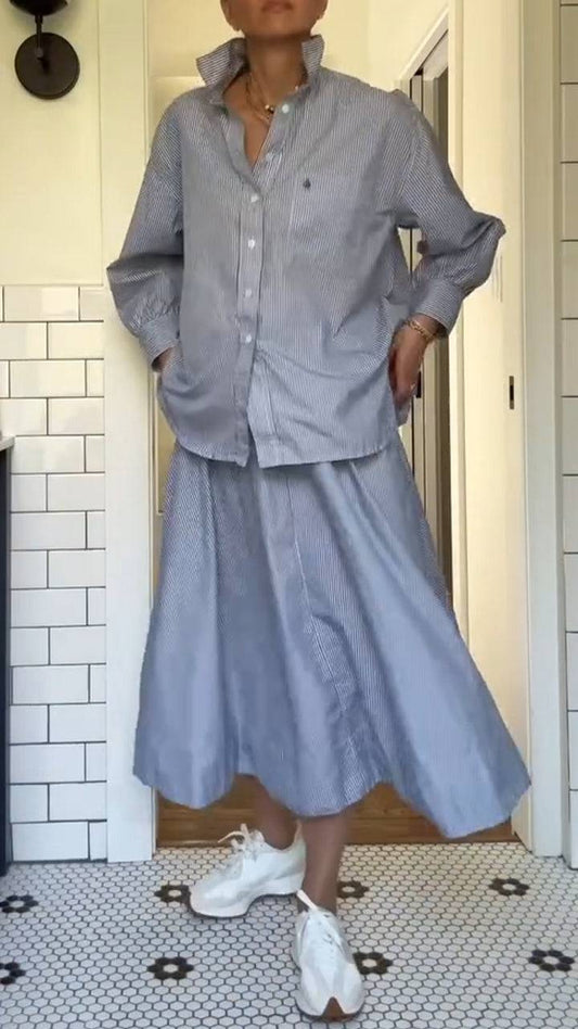 Ladies' Collar Vertical Striped Shirt+ Skirt Casual Set - MATCHING MASTER