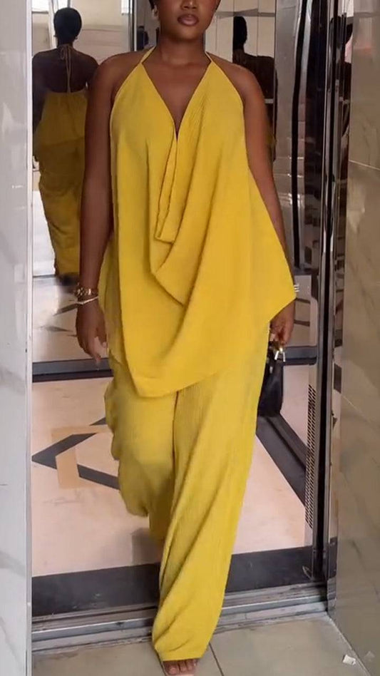 Women's V-neck Hanging Neck Hollow Top+ Pants Solid Color Temperament Casual Suit - MATCHING MASTER