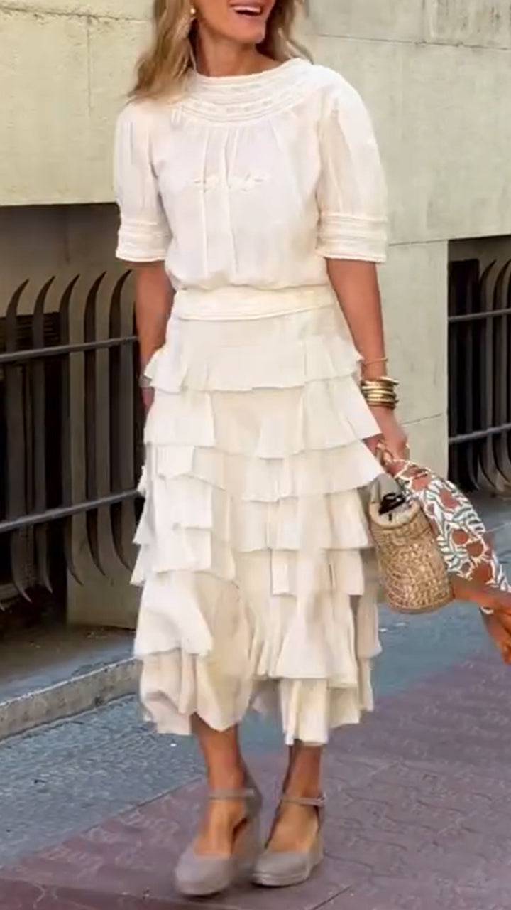 Women's Round Neck Top+ Patchwork Skirt Solid Color Casual Set - MATCHING MASTER