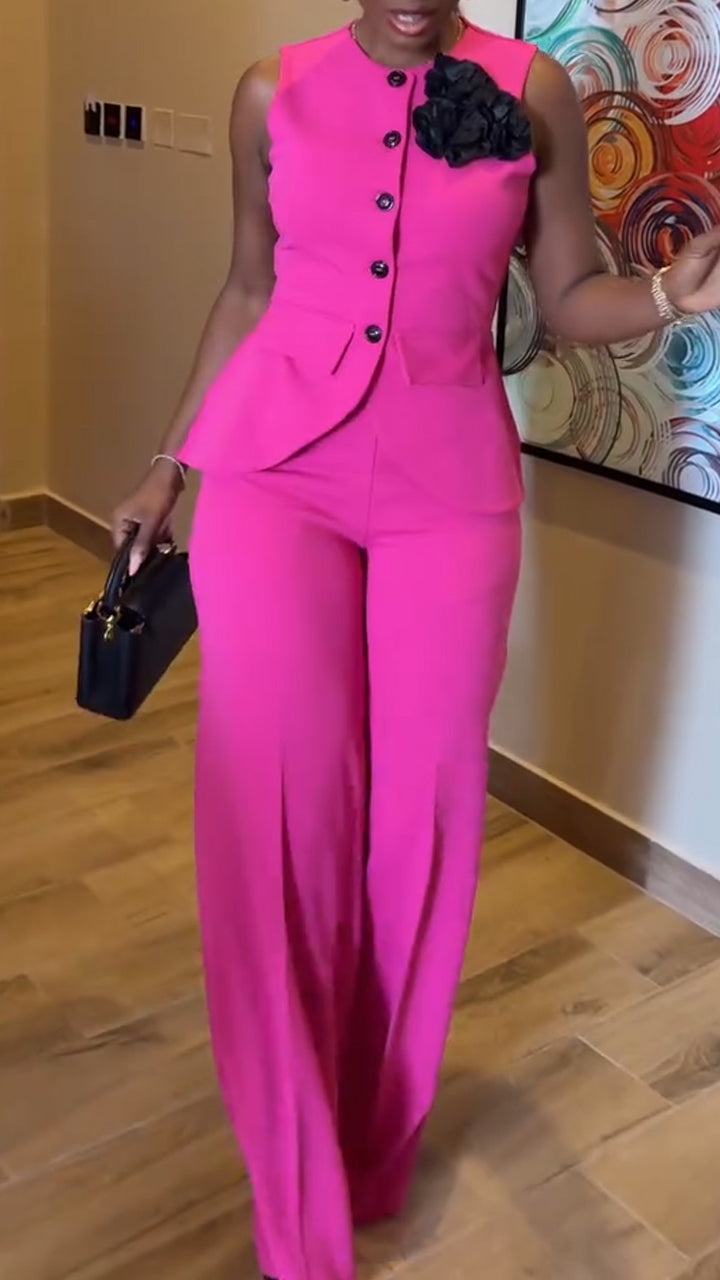 Ladies' Round Neck Breasted Top + Pants Casual Suit