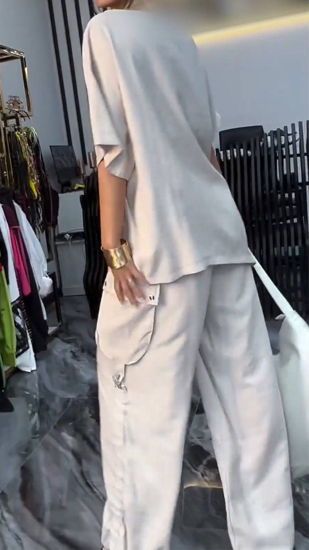 Ladies' Round Neck Side Pleated Top+ Pants Casual Set - MATCHING MASTER