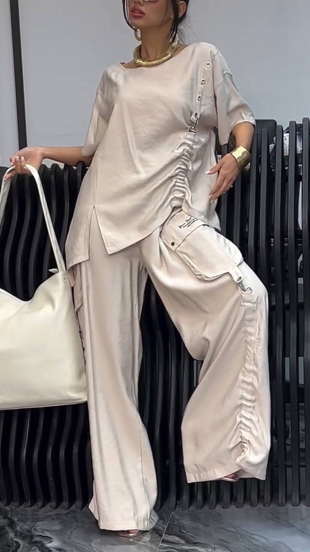 Ladies' Round Neck Side Pleated Top+ Pants Casual Set - MATCHING MASTER