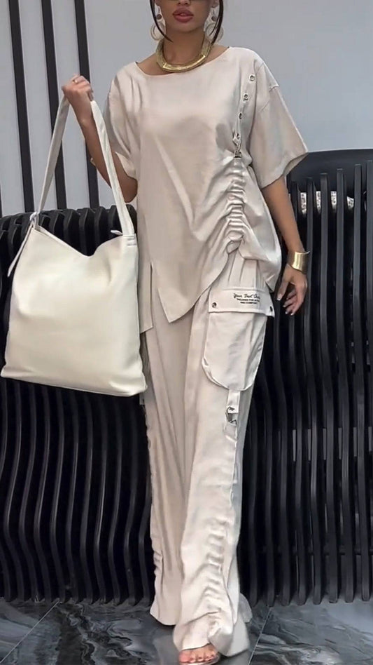 Ladies' Round Neck Side Pleated Top+ Pants Casual Set - MATCHING MASTER