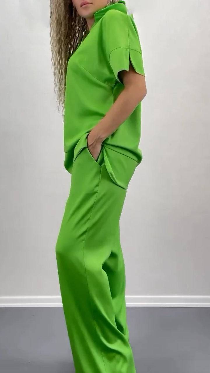 Ladies' Collar Solid Color Splicing Casual Set - MATCHING MASTER