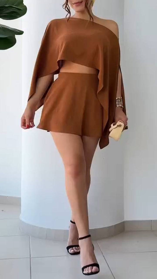 Ladies' Oblique Neck Solid Color Multiple Wearing Styles Top+ Skirt Casual Set - MATCHING MASTER