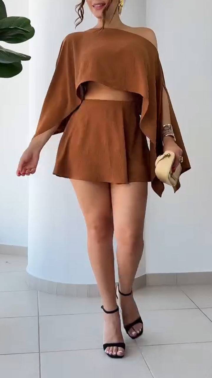 Ladies' Oblique Neck Solid Color Multiple Wearing Styles Top+ Skirt Casual Set - MATCHING MASTER