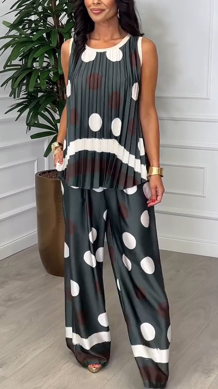 Ladies' Round Neck Polka Dot Pleated Top+ Pants Leisure Suit