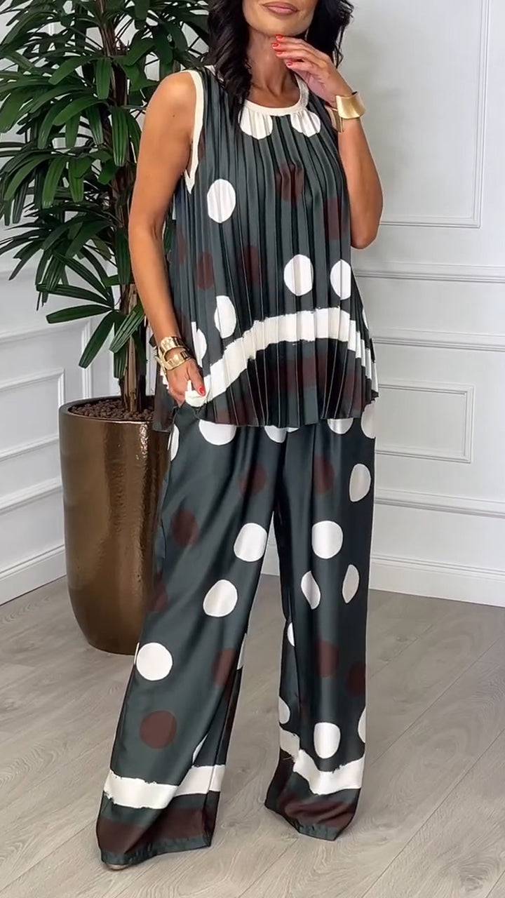 Ladies' Round Neck Polka Dot Pleated Top+ Pants Leisure Suit - MATCHING MASTER