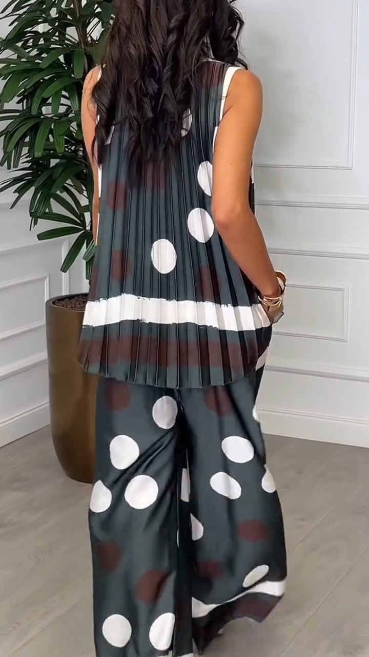 Ladies' Round Neck Polka Dot Pleated Top+ Pants Leisure Suit