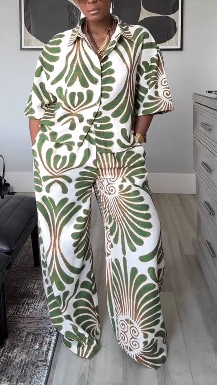 Ladies' Collar Printed Top + Pants Casual Set - MATCHING MASTER