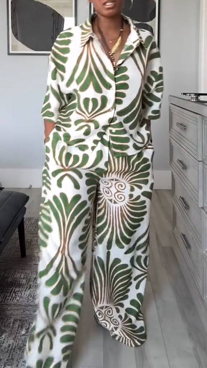 Ladies' Collar Printed Top + Pants Casual Set - MATCHING MASTER