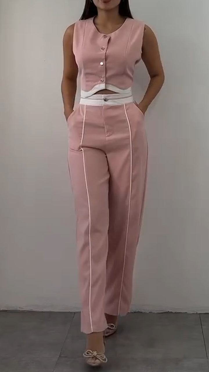 Ladies' Round Neck Short Top+ Pants with A Casual Temperament Suit