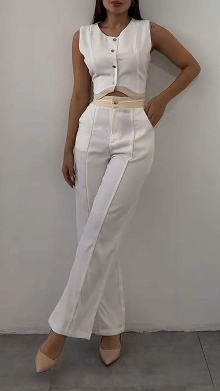 Ladies' Round Neck Short Top+ Pants with A Casual Temperament Suit