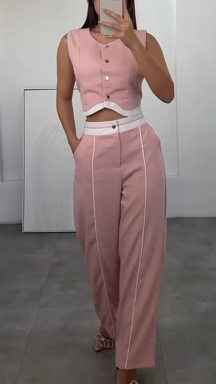 Ladies' Round Neck Short Top+ Pants with A Casual Temperament Suit