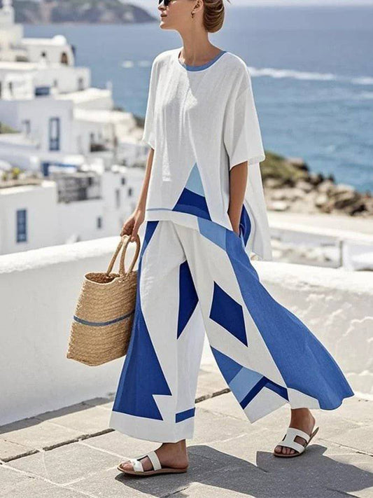 Ladies' Round Neck Geometric Print Casual Set - MATCHING MASTER