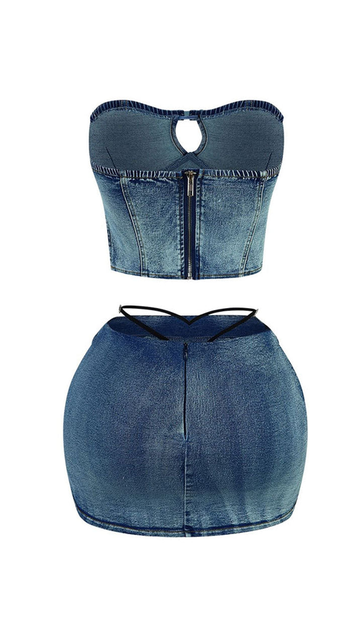 Women's Sexy Washed Slit Denim Corset and Skirt Set
