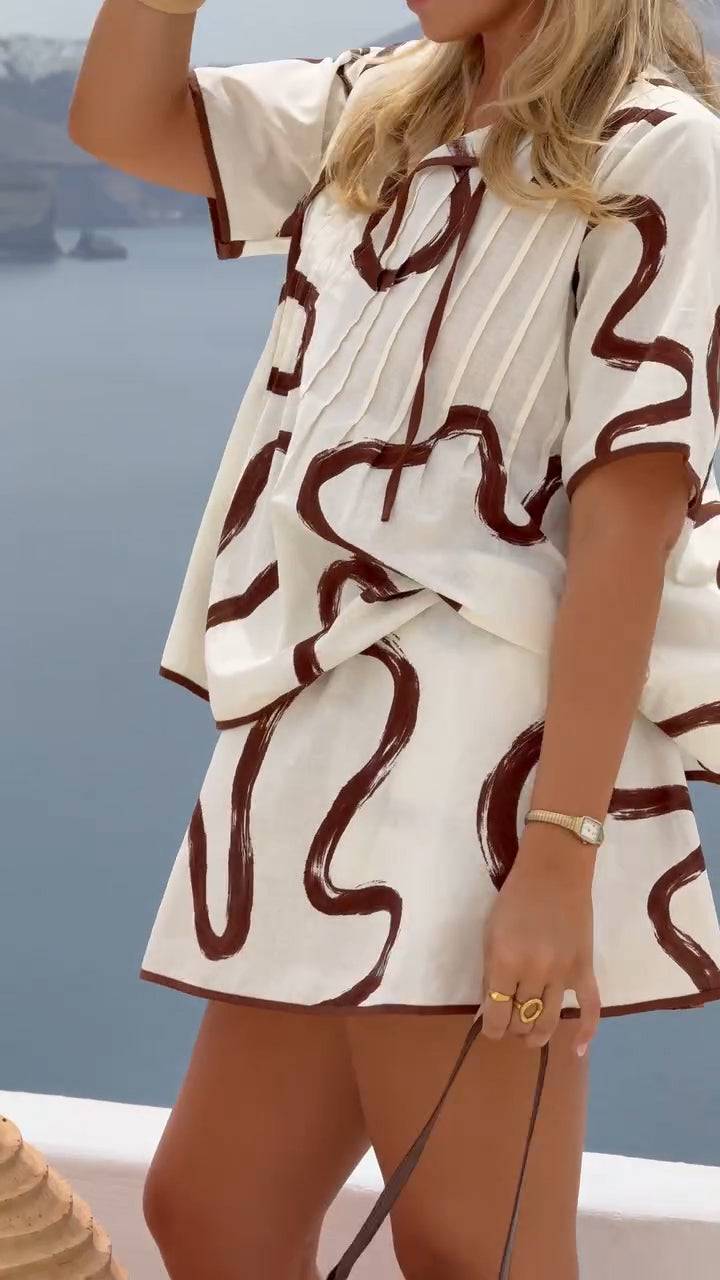 Ladies' Collar Patterned Top+ Skirt Casual Set - MATCHING MASTER