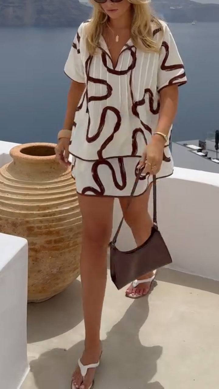 Ladies' Collar Patterned Top+ Skirt Casual Set - MATCHING MASTER