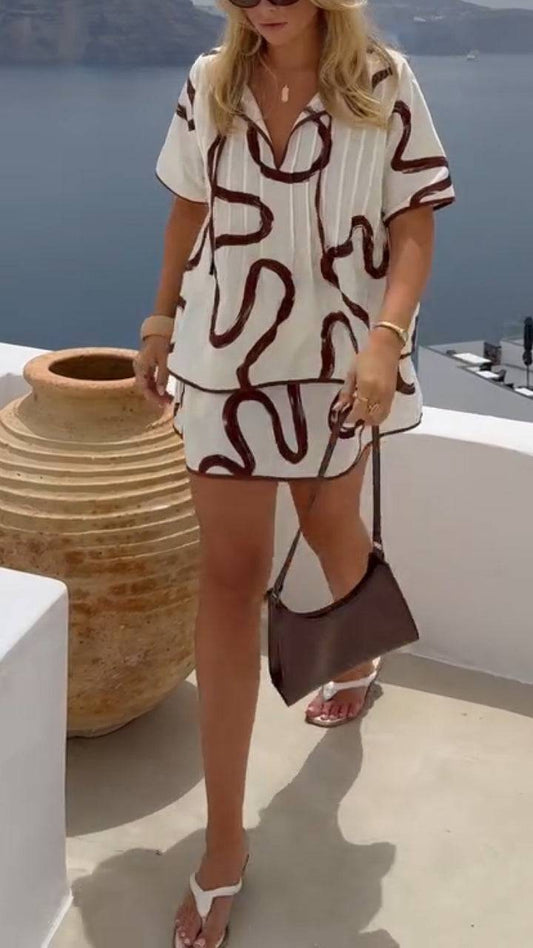 Ladies' Collar Patterned Top+ Skirt Casual Set - MATCHING MASTER